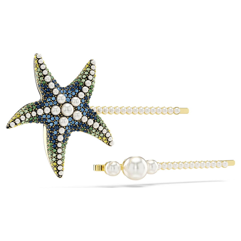 Swarovski Idyllia hair pin Set (2), Crystal pearls, Starfish, Multicolored, Gold-tone plated