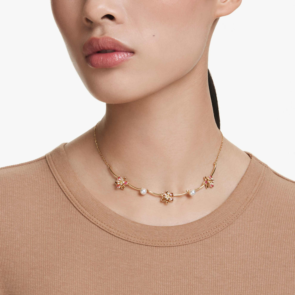 Swarovski Idyllia necklace Crystal pearl, Mixed cuts, Flower, Multicolored, 18K gold finish