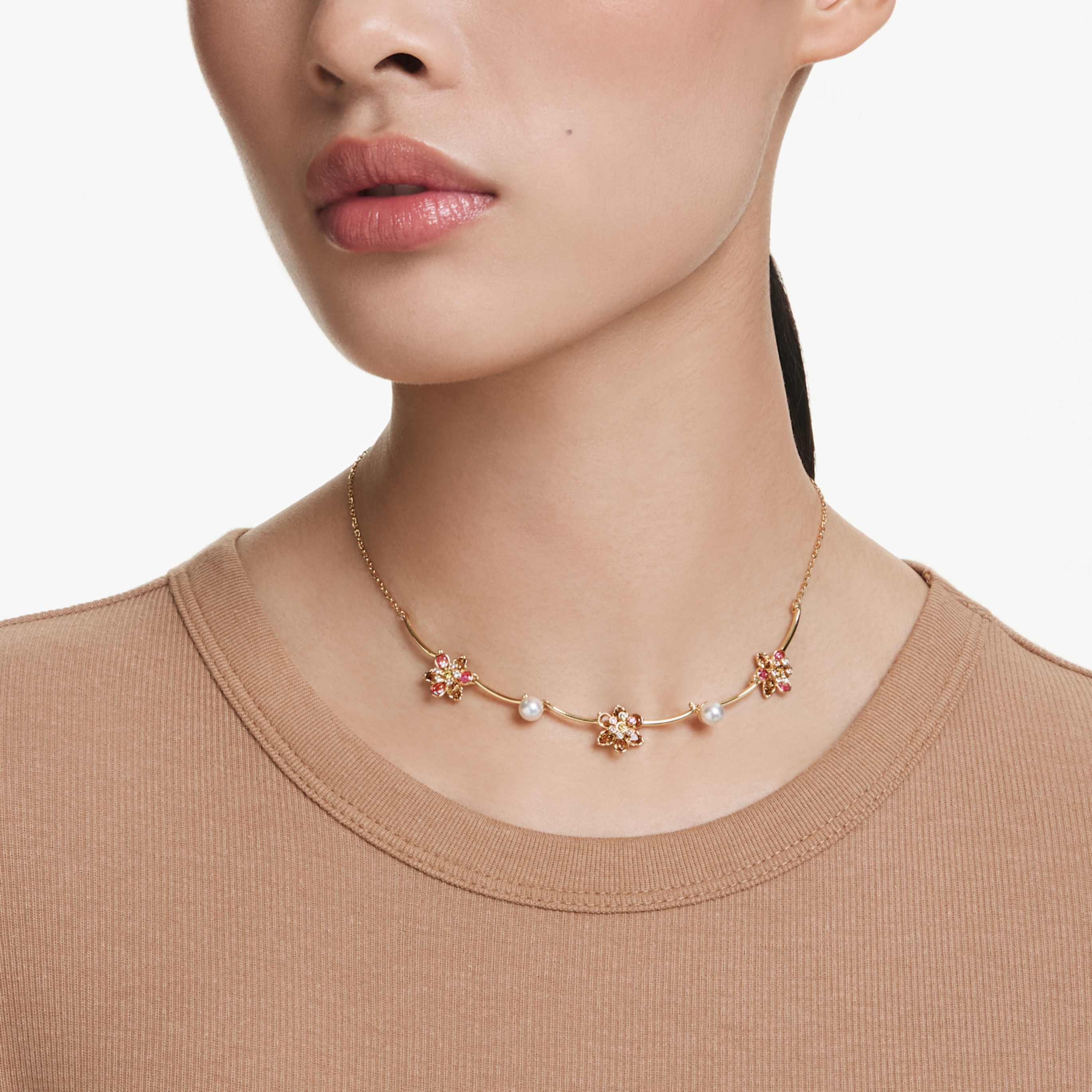 Swarovski Idyllia necklace Crystal pearl, Mixed cuts, Flower, Multicolored, 18K gold finish