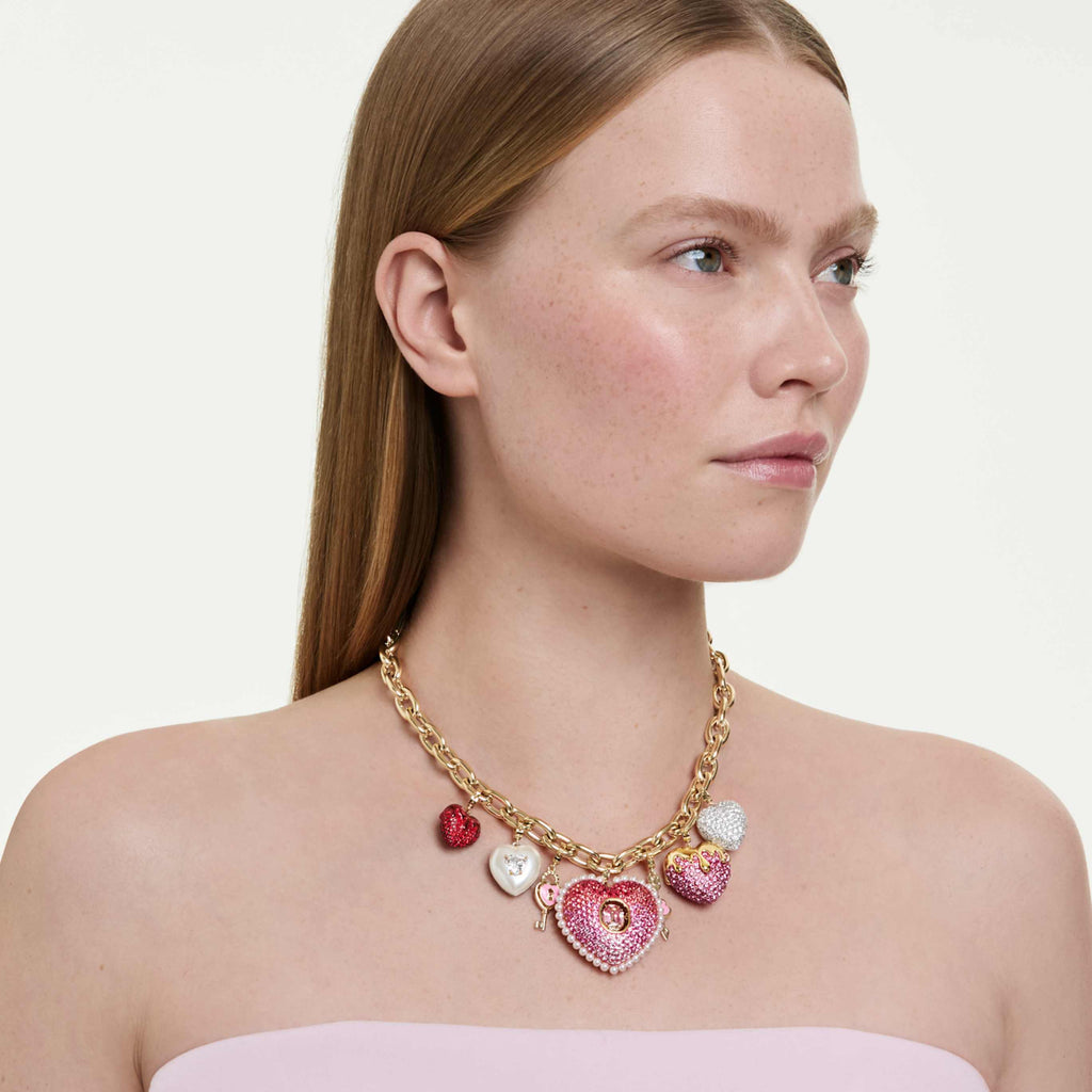 Swarovski Idyllia necklace Mixed cuts, Heart, Key, Multicolored, 18K gold finish