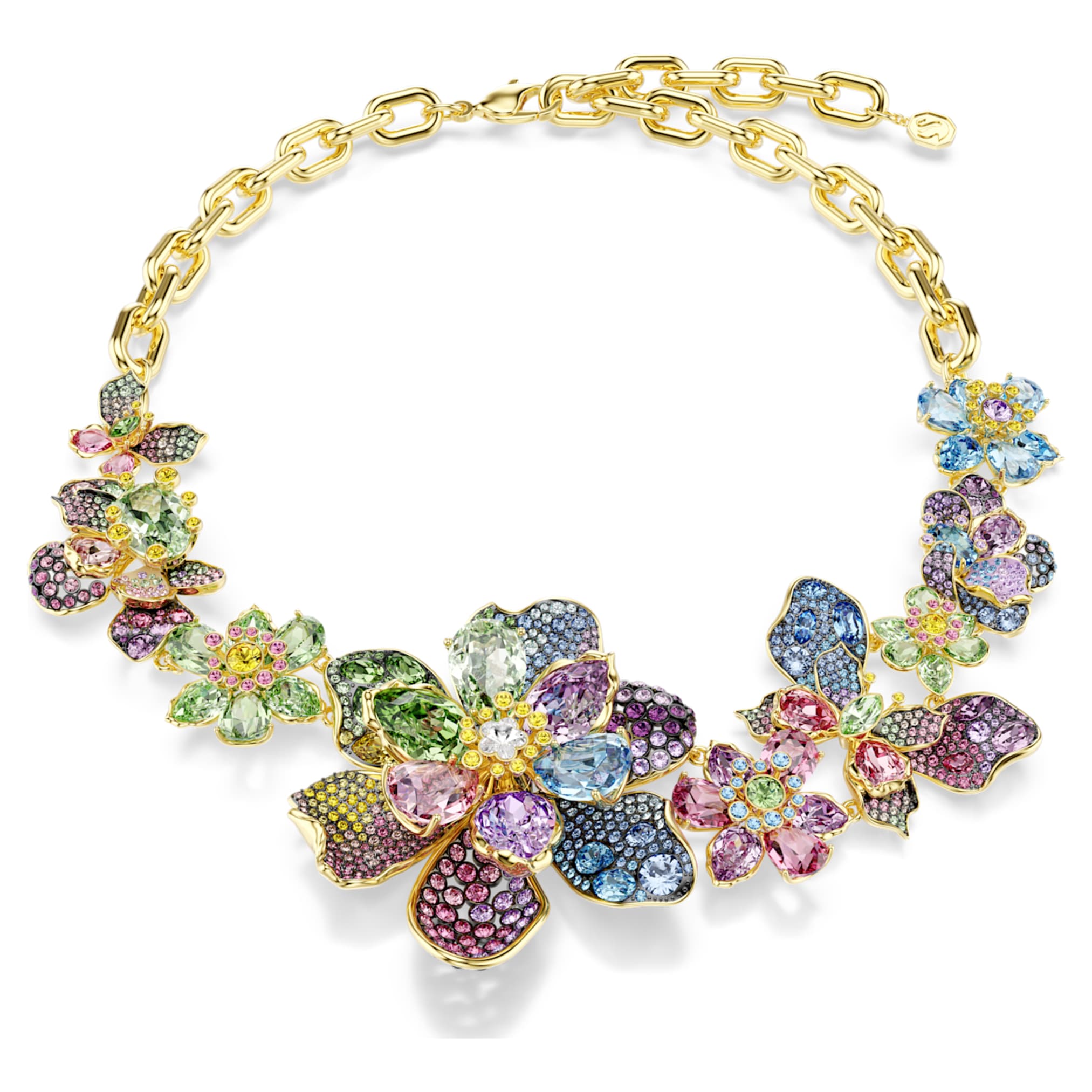 Swarovski Idyllia necklace Mixed cuts, Pavé, Flower, Multicolored, 18K gold finish