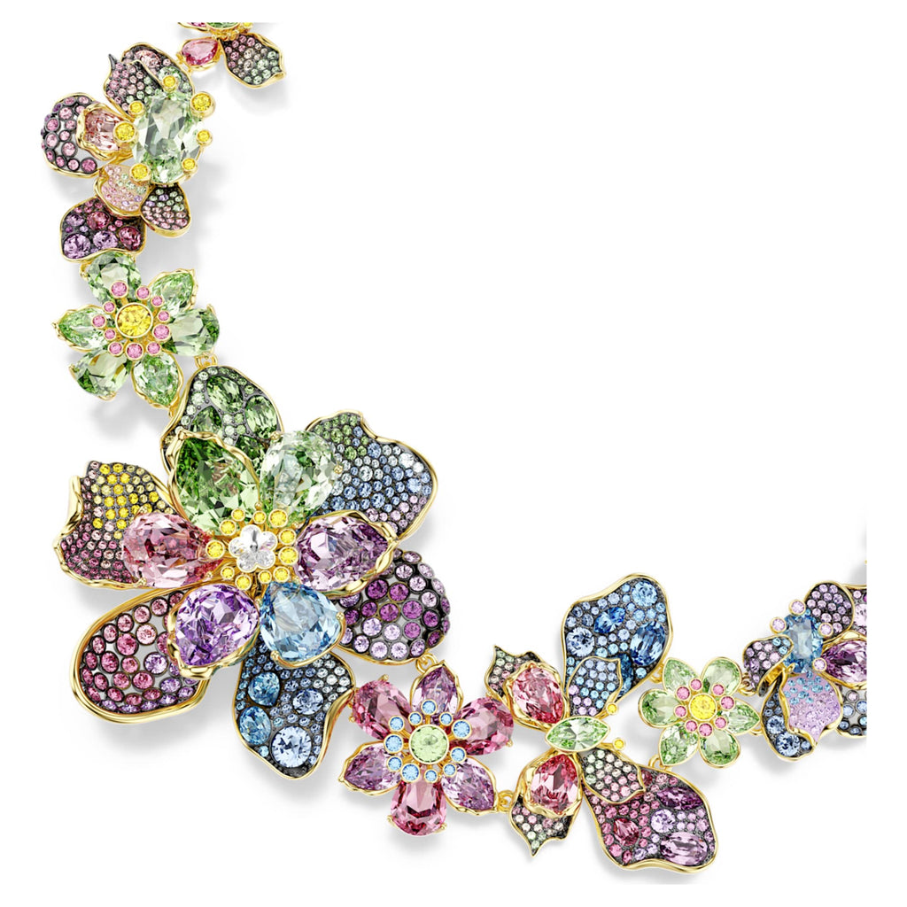 Swarovski Idyllia necklace Mixed cuts, Pavé, Flower, Multicolored, 18K gold finish