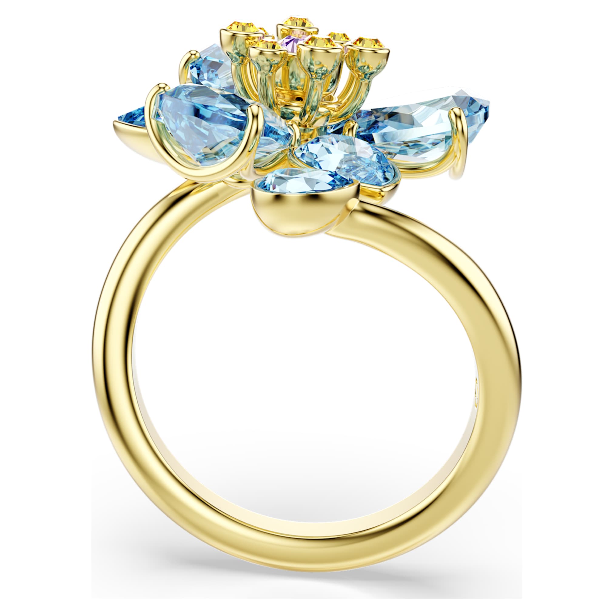 Swarovski Idyllia open ring Mixed cuts, Flower, Blue, 18K gold finish