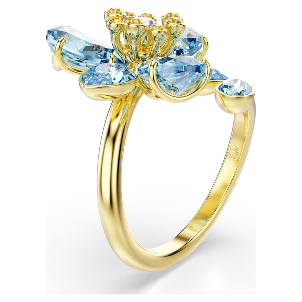 Swarovski Idyllia open ring Mixed cuts, Flower, Blue, 18K gold finish