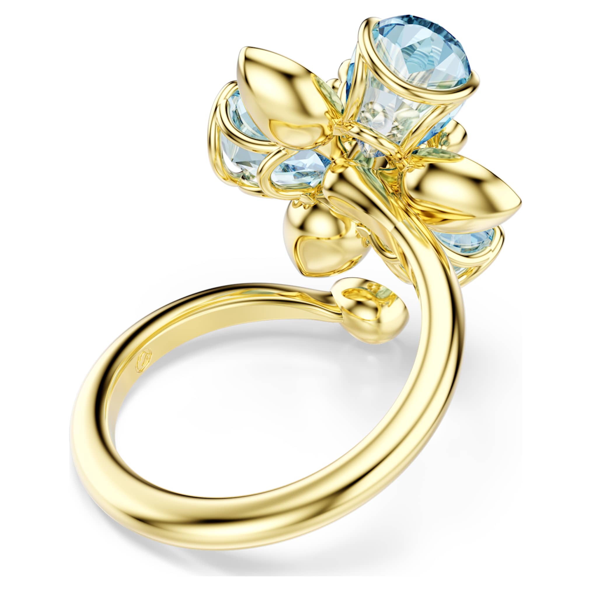 Swarovski Idyllia open ring Mixed cuts, Flower, Blue, 18K gold finish