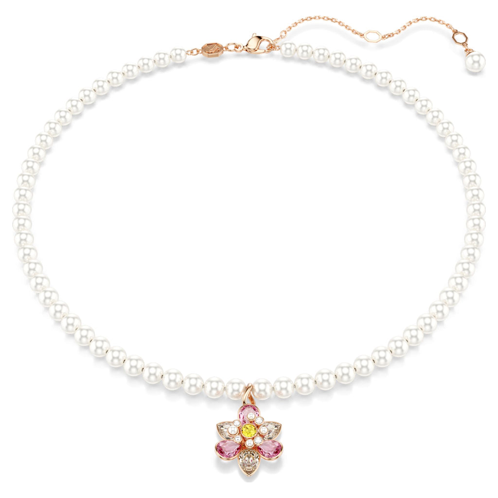 Swarovski Idyllia pendant Crystal pearl, Mixed cuts, Flower, Multicolored, 18K rose gold finish
