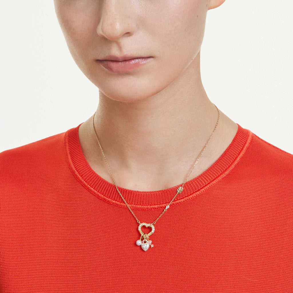 Swarovski Idyllia pendant Mixed cuts, Heart, Key, Pink, 18K gold finish