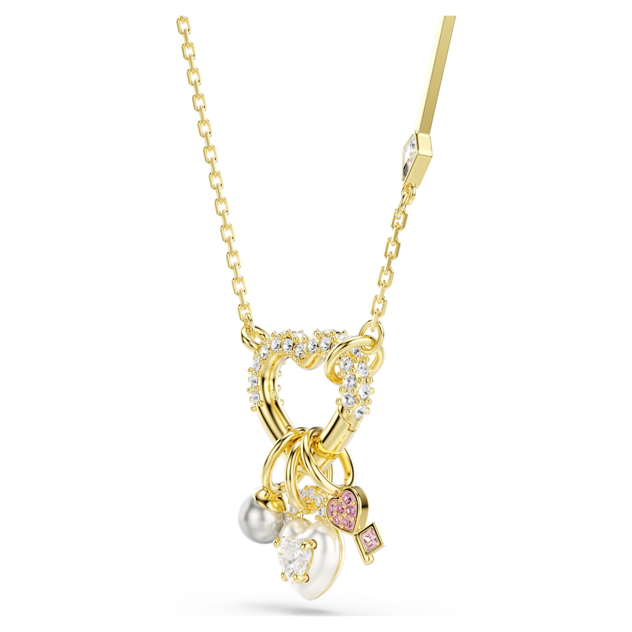 Swarovski Idyllia pendant Mixed cuts, Heart, Key, Pink, 18K gold finish
