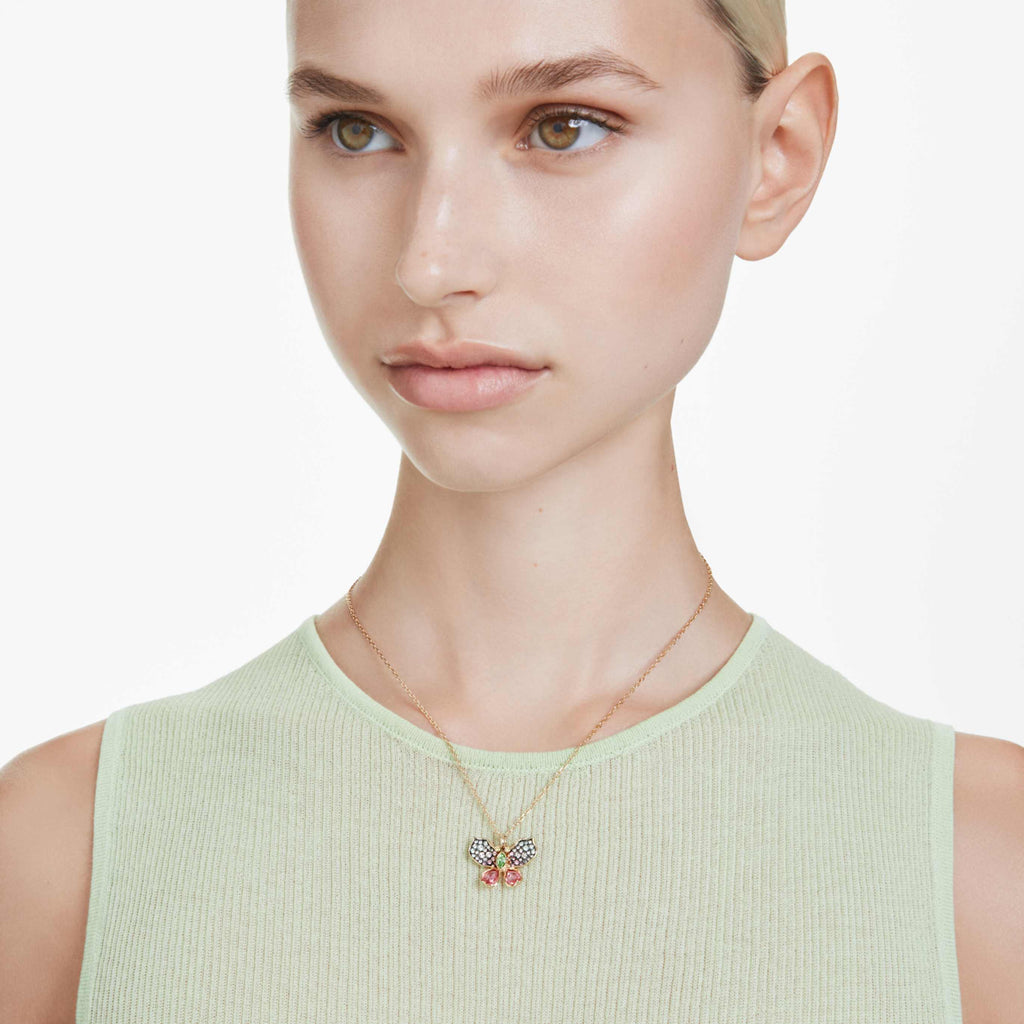 Swarovski Idyllia pendant Mixed cuts, Pavé, Butterfly, Multicolored, 18K gold finish