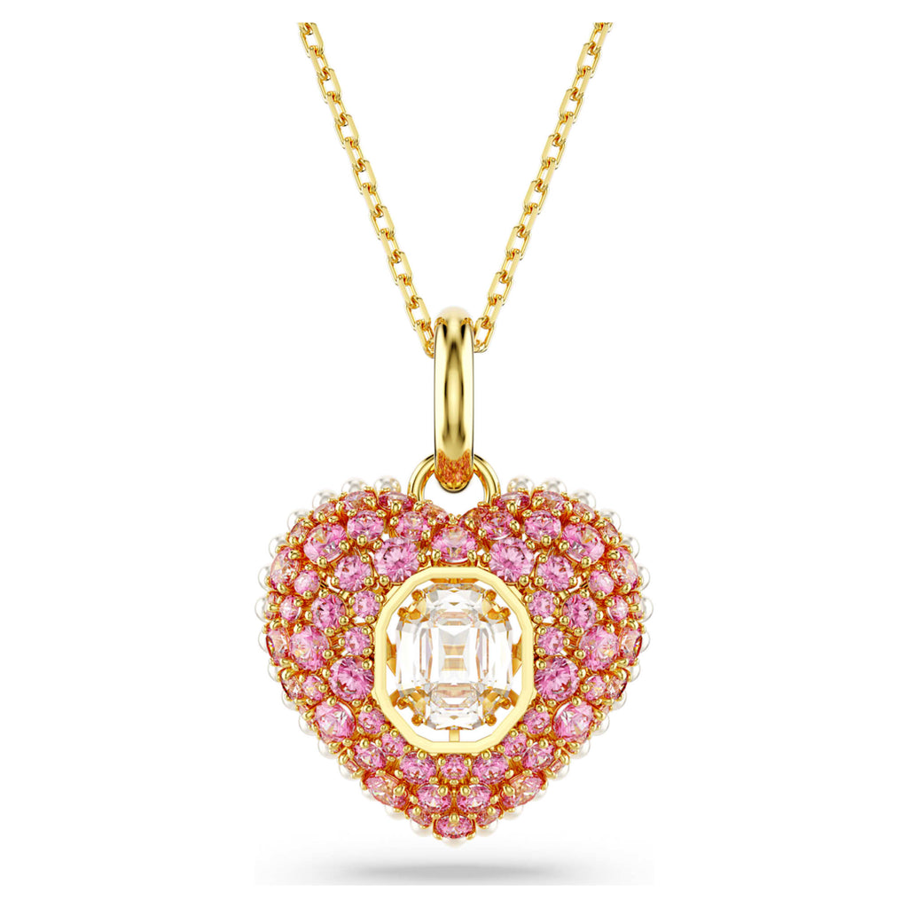 Swarovski Idyllia pendant Octagon cut, Crystal pearl, Heart, Pink, 18K gold finish