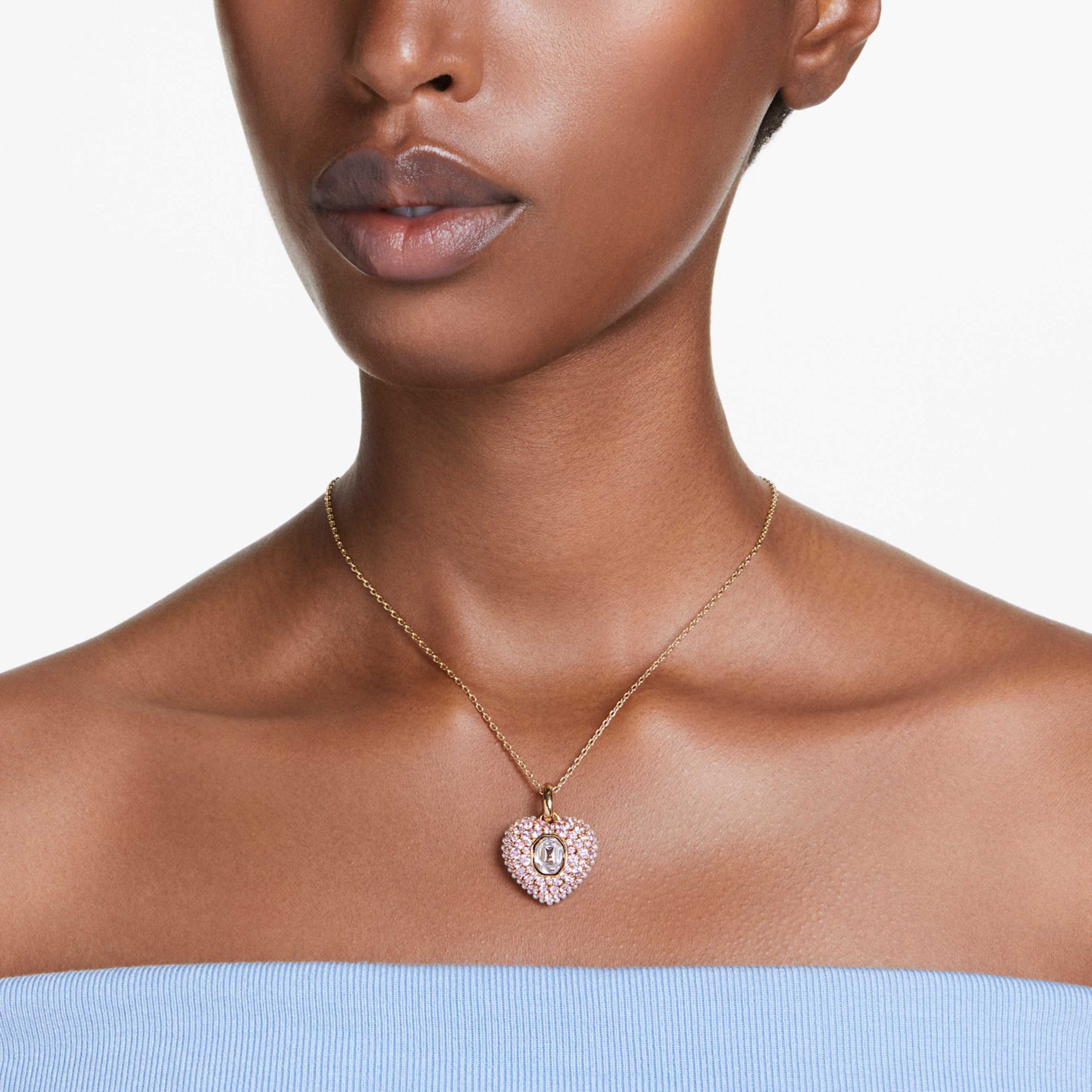 Swarovski Idyllia pendant Octagon cut, Crystal pearl, Heart, Pink, 18K gold finish