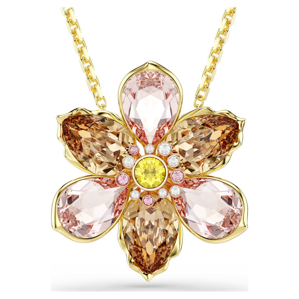 Swarovski Idyllia pendant and brooch Mixed cuts, Flower, Multicolored, 18K gold finish