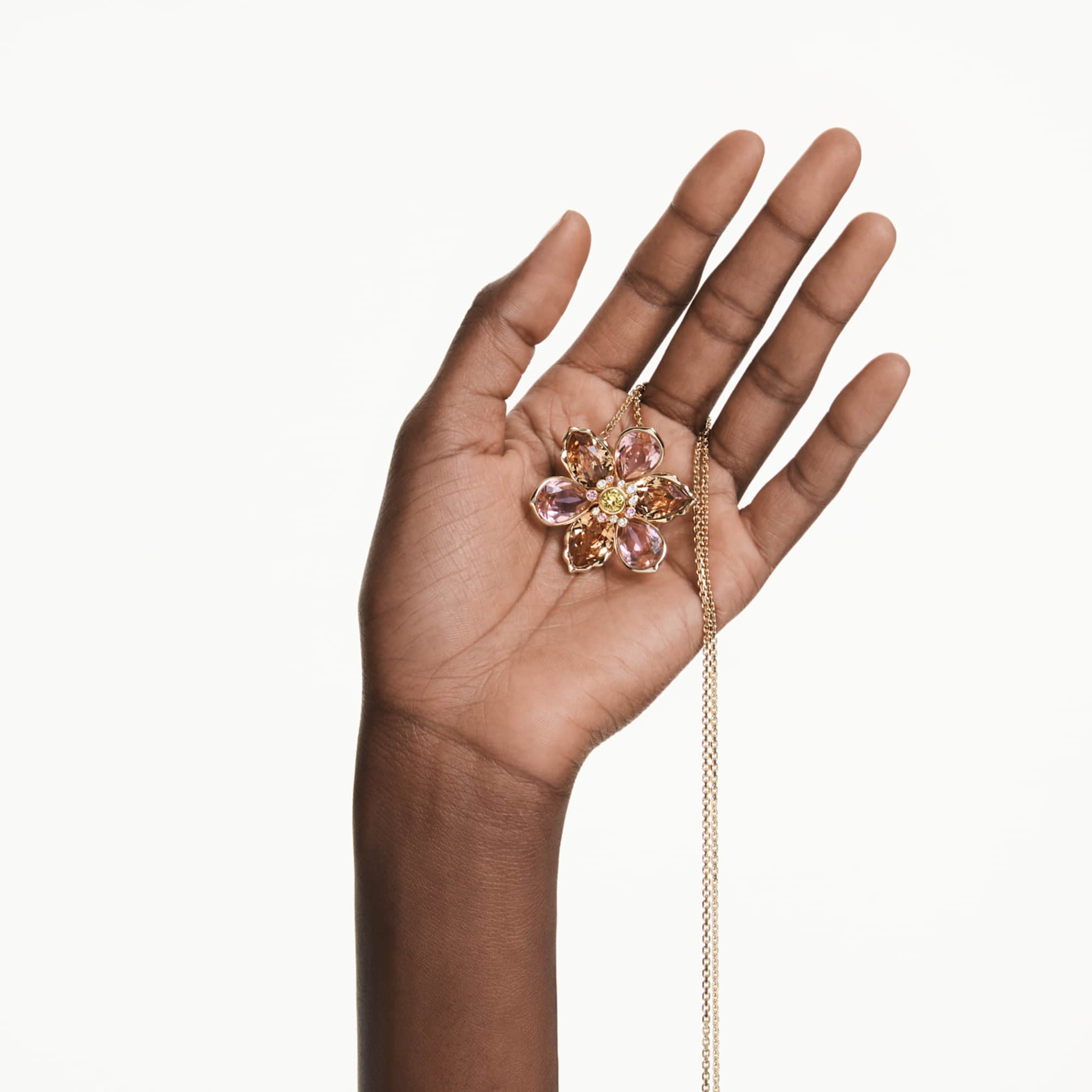 Swarovski Idyllia pendant and brooch Mixed cuts, Flower, Multicolored, 18K gold finish