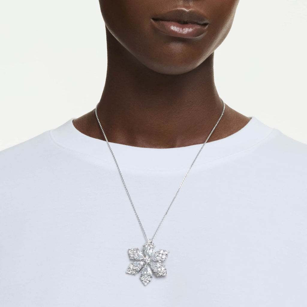 Swarovski Idyllia pendant and brooch Mixed cuts, Snowflake, White, Rhodium plated