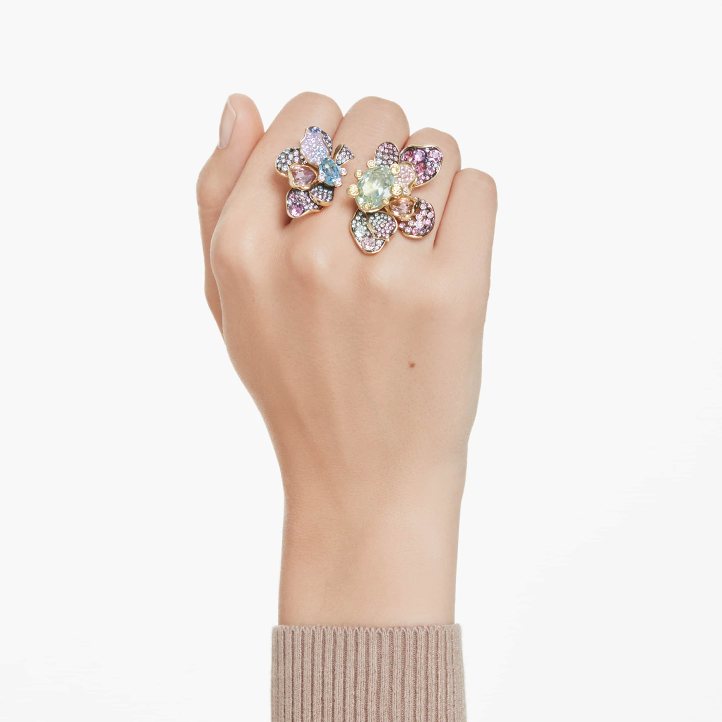 Swarovski Idyllia ring Mixed cuts, Pavé, Flower, Multicolored, 18K gold finish