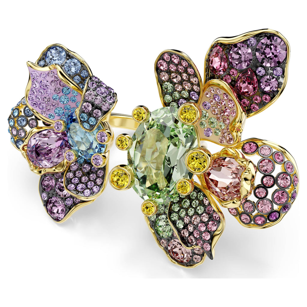Swarovski Idyllia ring Mixed cuts, Pavé, Flower, Multicolored, 18K gold finish
