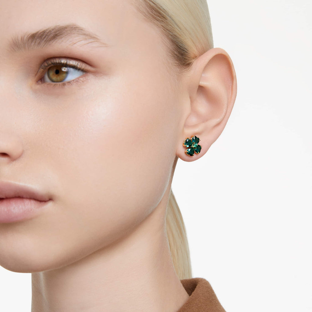 Swarovski Idyllia stud earrings Clover, Green, 18K gold finish