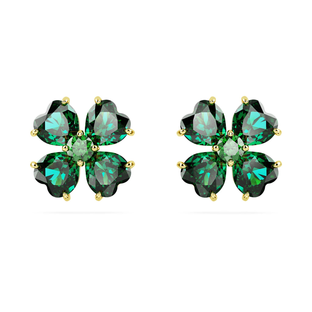 Swarovski Idyllia stud earrings Clover, Green, 18K gold finish