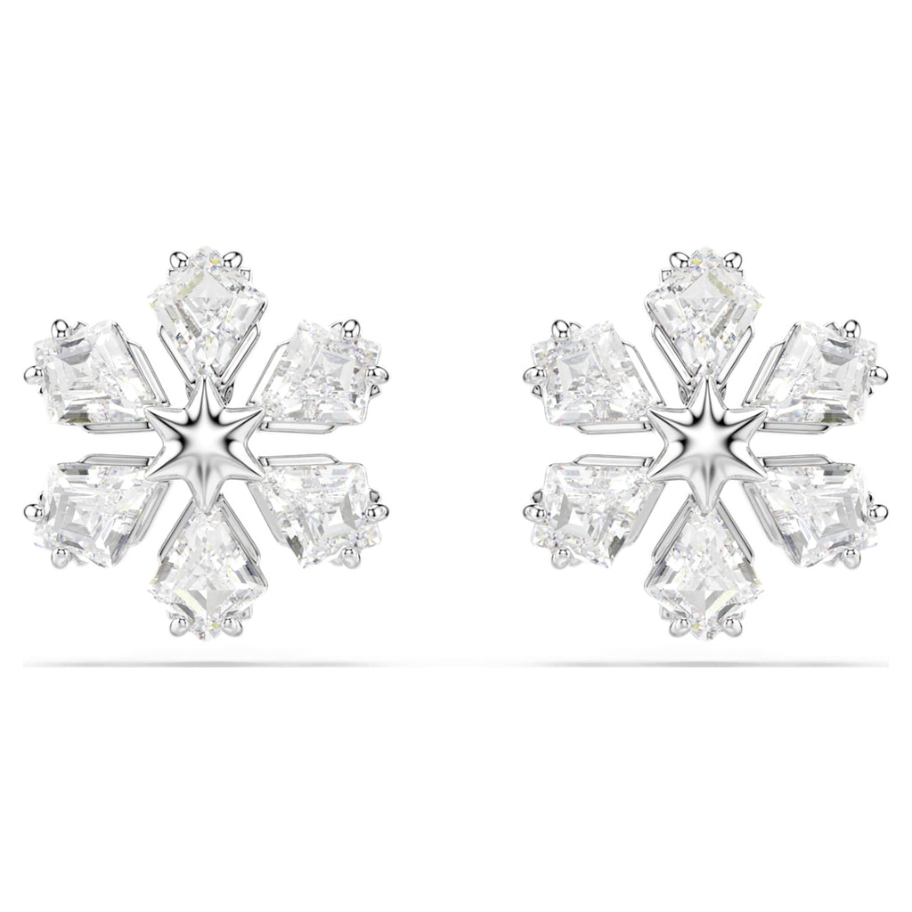 Swarovski Idyllia stud earrings Mixed cuts, Snowflake, White, Rhodium plated