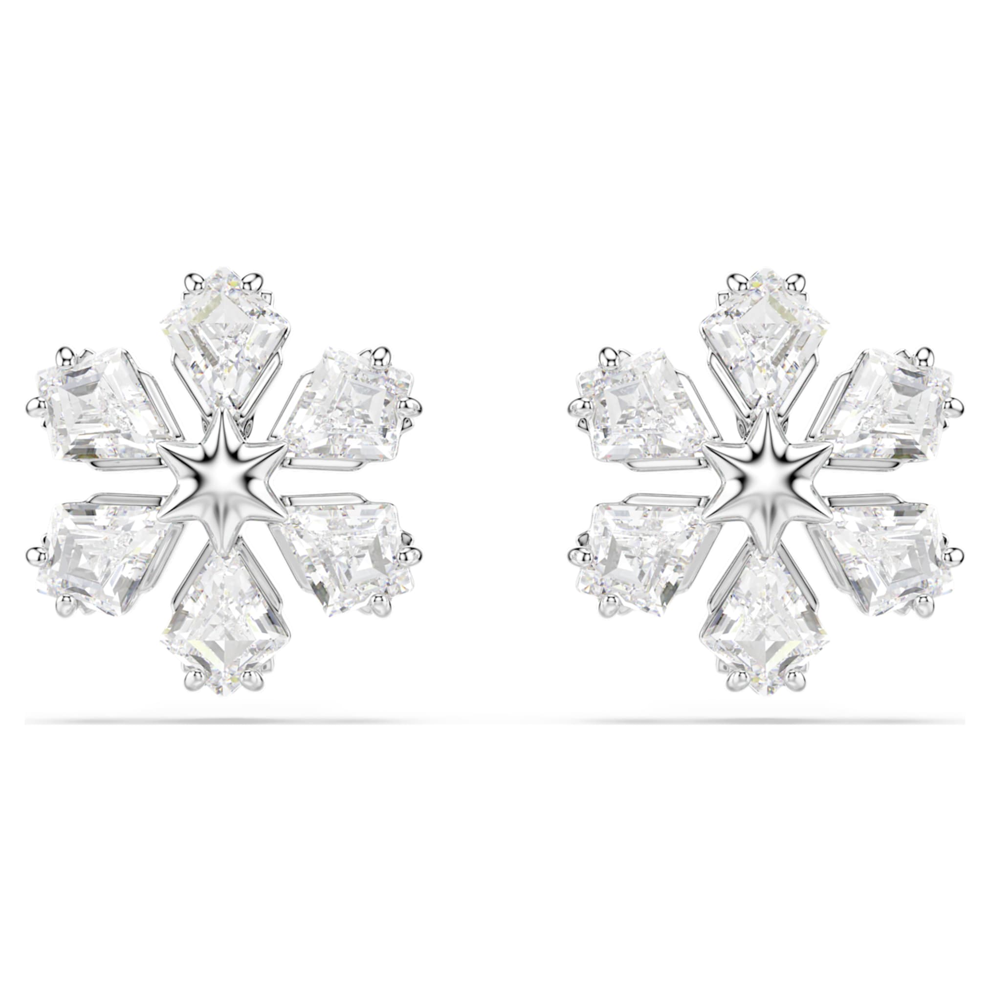 Swarovski Idyllia stud earrings Mixed cuts, Snowflake, White, Rhodium plated