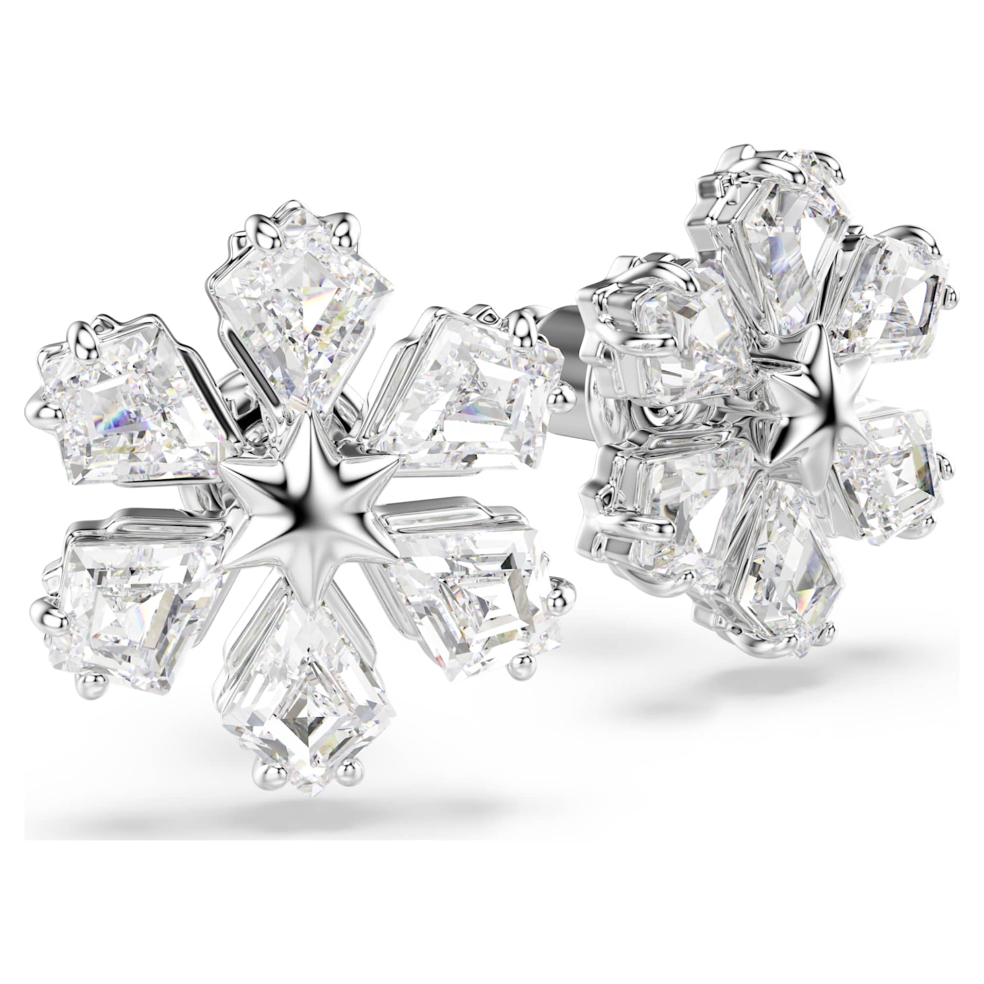 Swarovski Idyllia stud earrings Mixed cuts, Snowflake, White, Rhodium plated