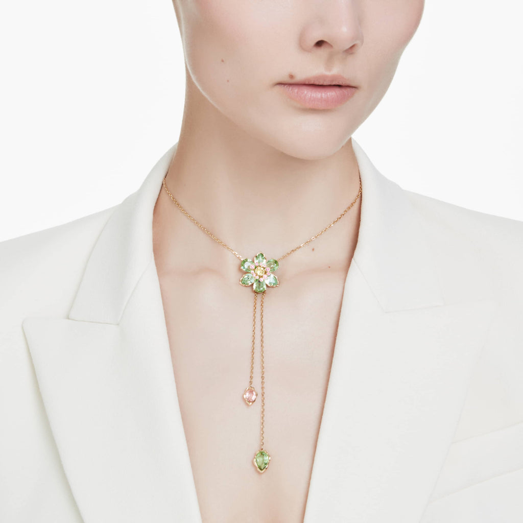 Swarovski Idyllia Y pendant Mixed cuts, Flower, Multicolored, 18K gold finish