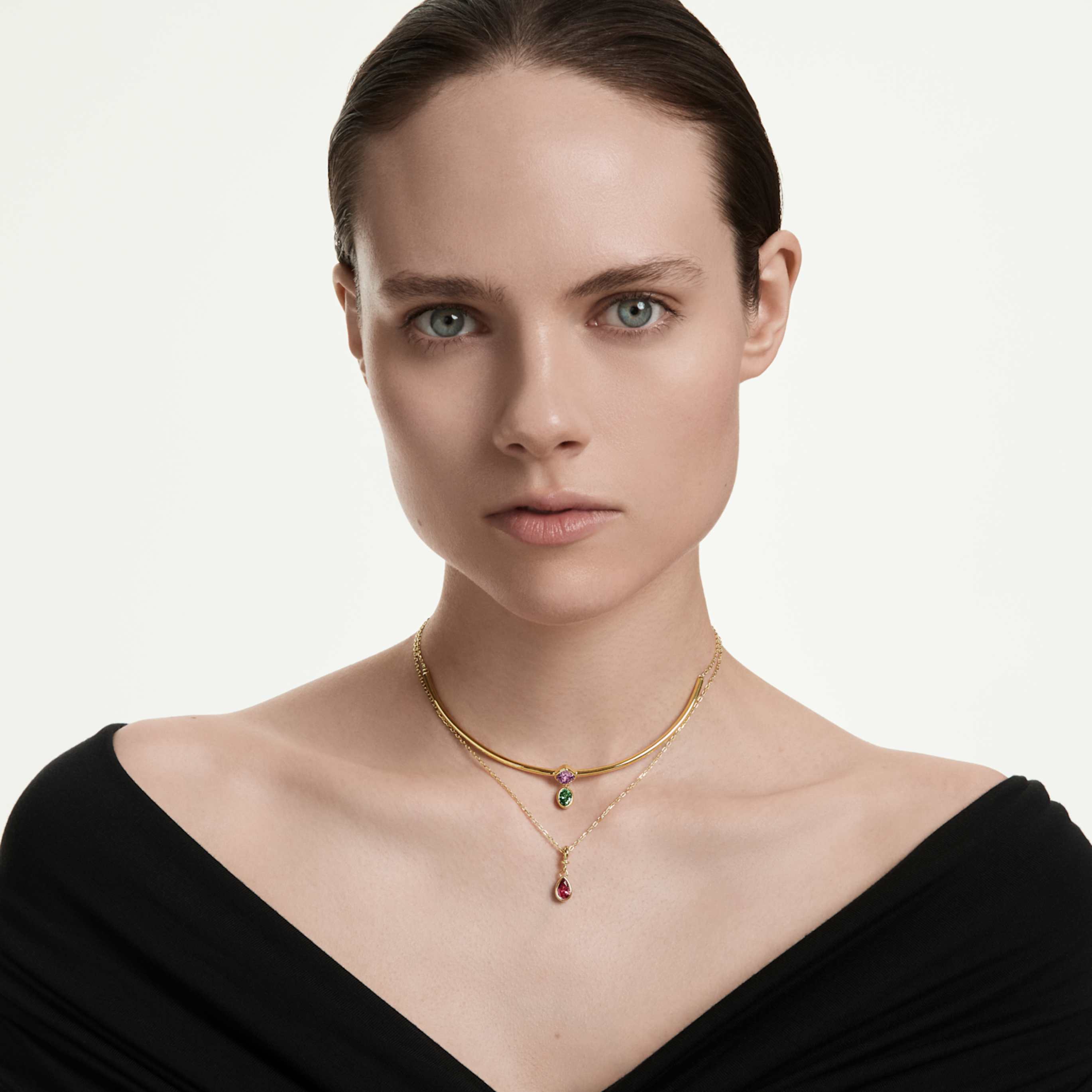 Swarovski Imber layered necklace Mixed cuts, Multicolored, 18K gold finish