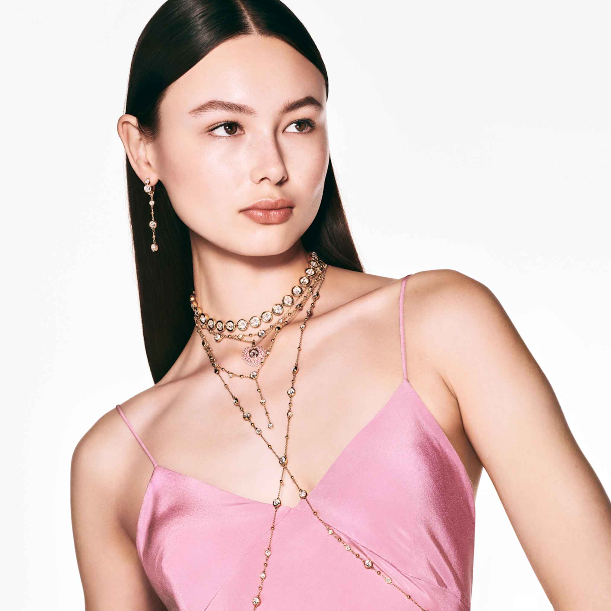 Swarovski Imber necklace Round cut, Scattered design, White, 18K gold finish