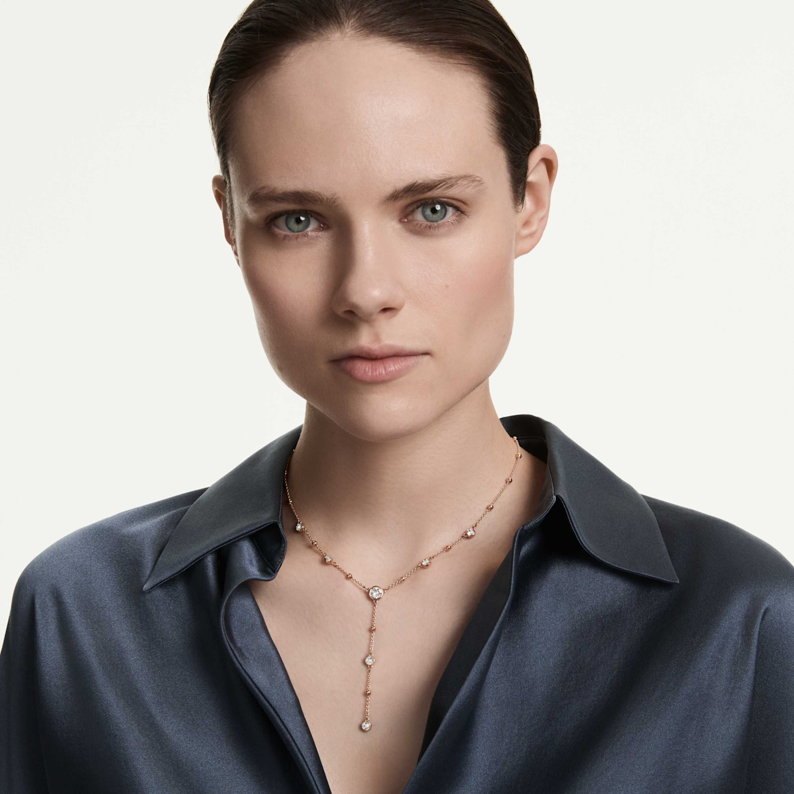 Swarovski Imber Y necklace Round cut, White, 18K rose gold finish