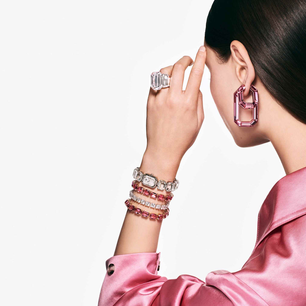 Swarovski Lucent hoop earrings Octagon shape, Small, Pink