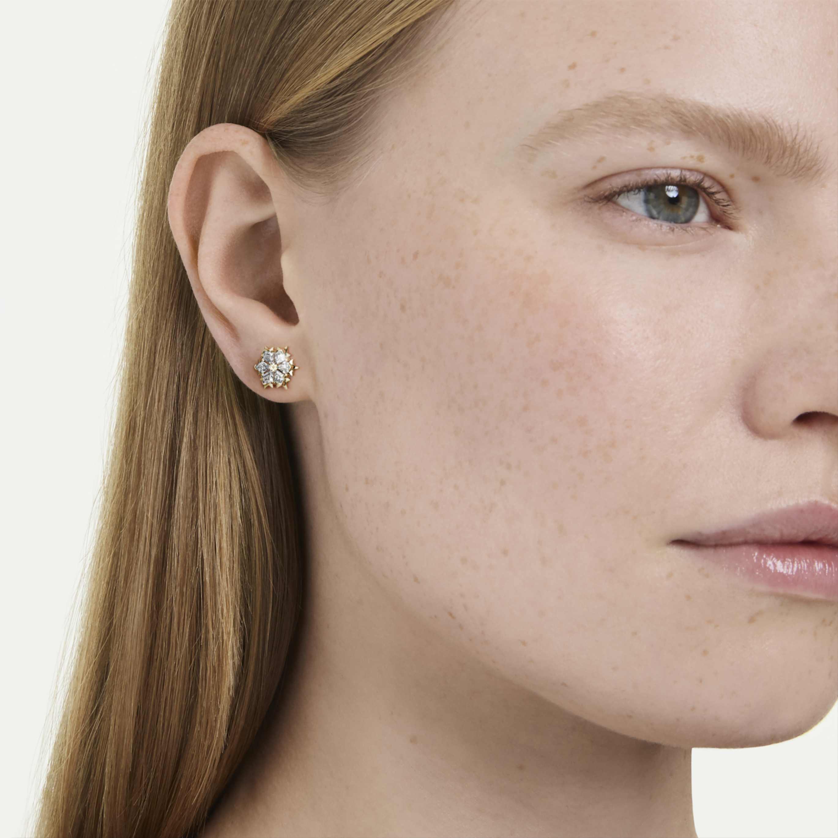 Swarovski Magic stud earrings Mixed cuts, Snowflake, White, 18K gold finish