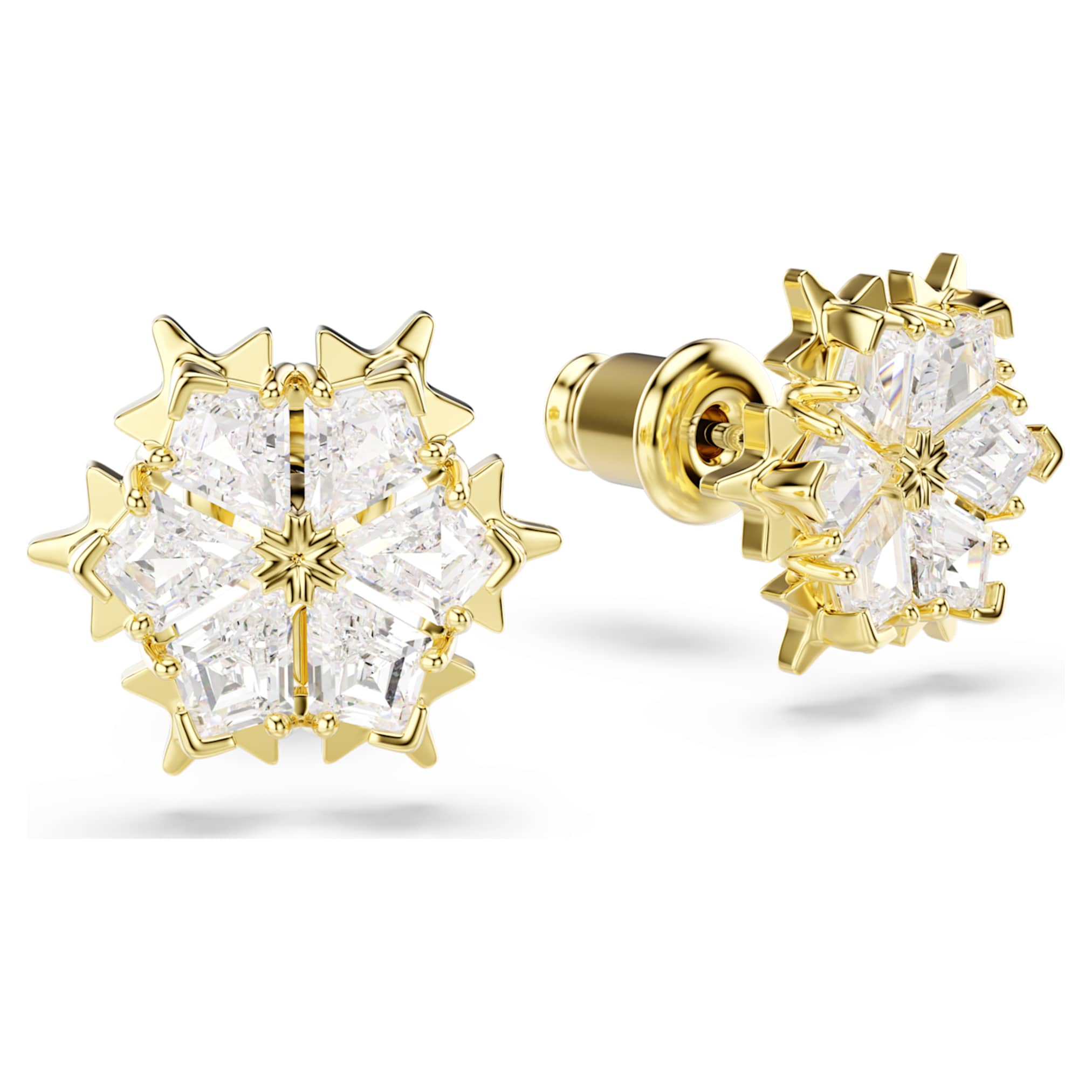 Swarovski Magic stud earrings Mixed cuts, Snowflake, White, 18K gold finish