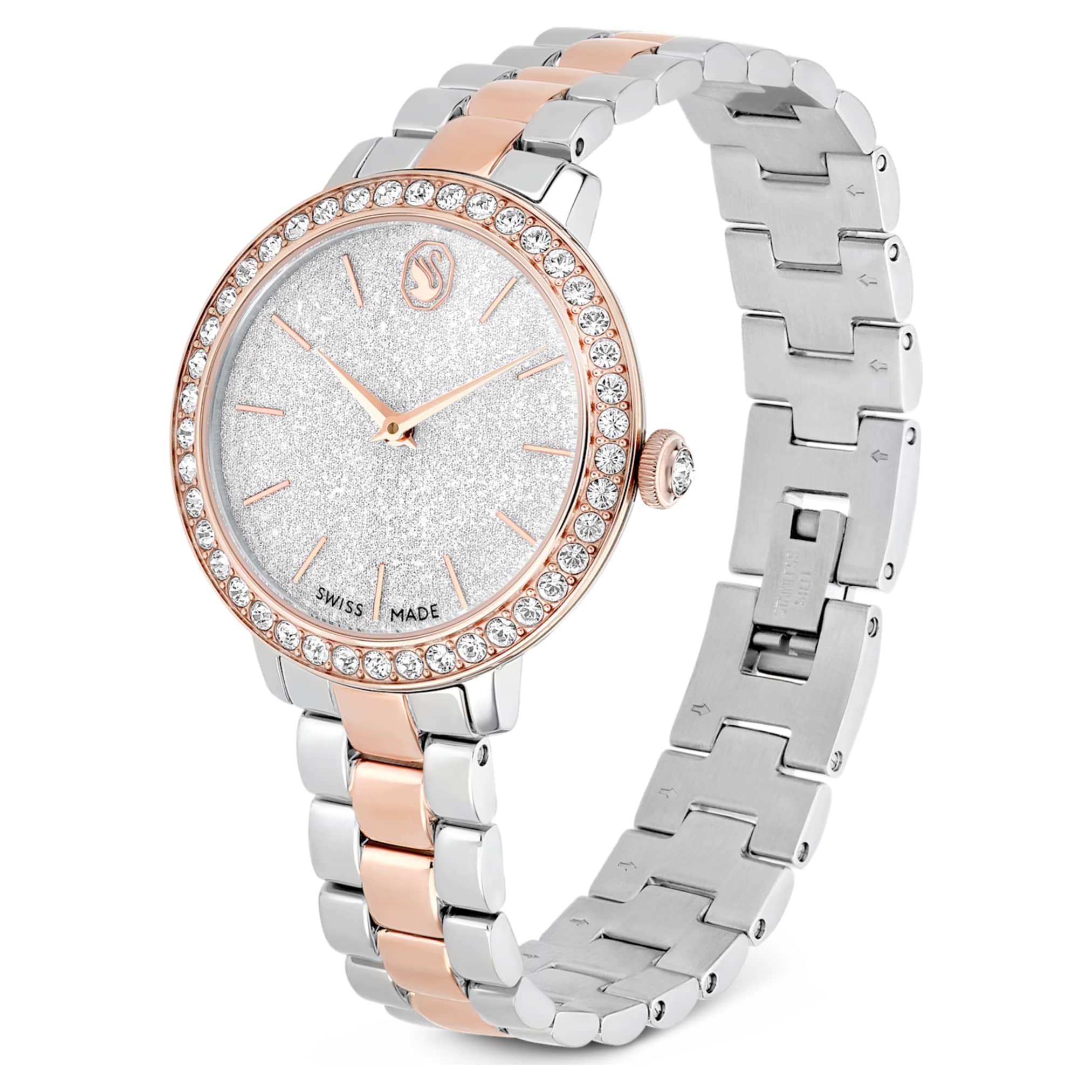 Swarovski Matrix 3-link watch Swiss Made, Metal bracelet, Silver tone, Rose gold-tone finish