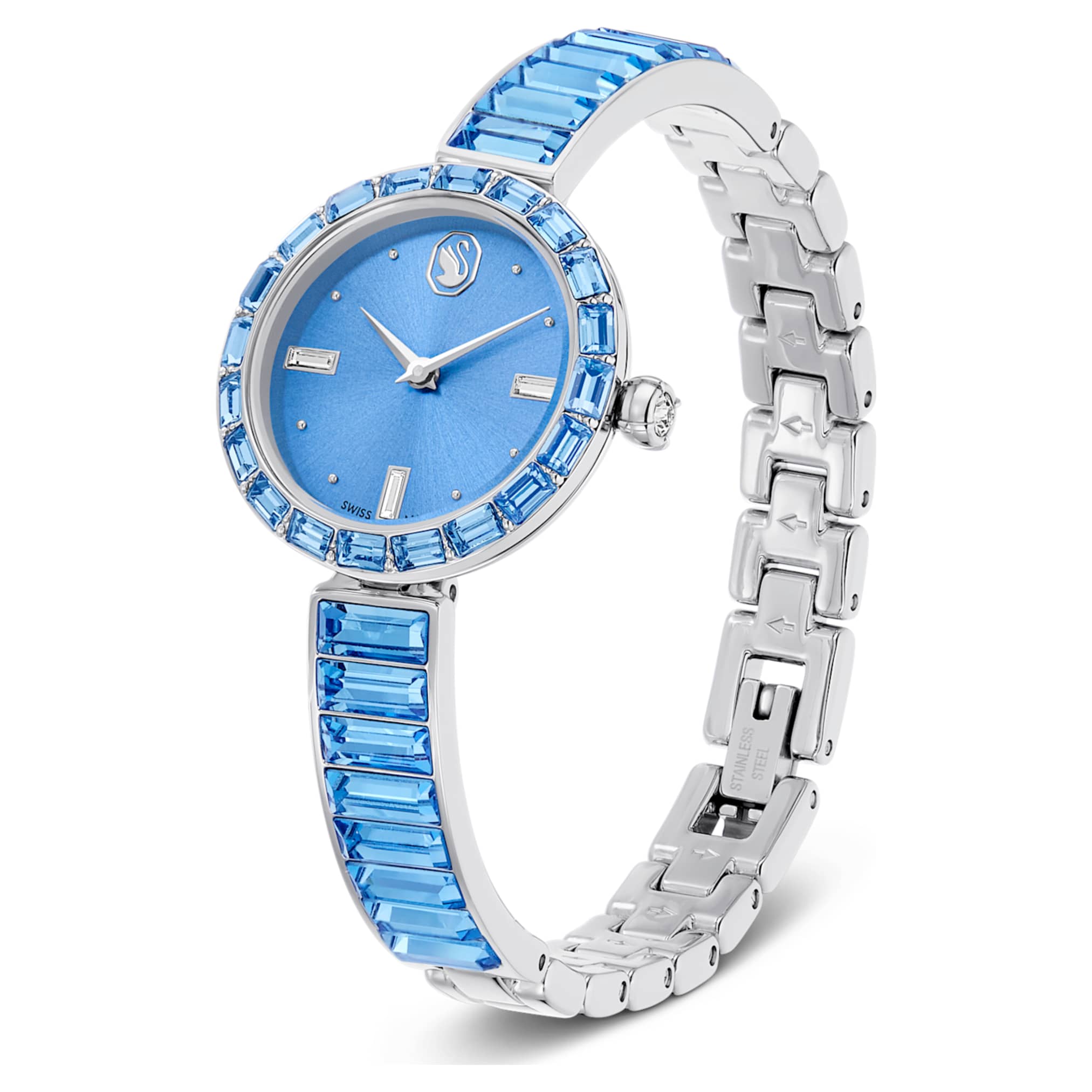 Swarovski Matrix bangle watch Swiss Made, Crystal bracelet, Blue, Stainless steel