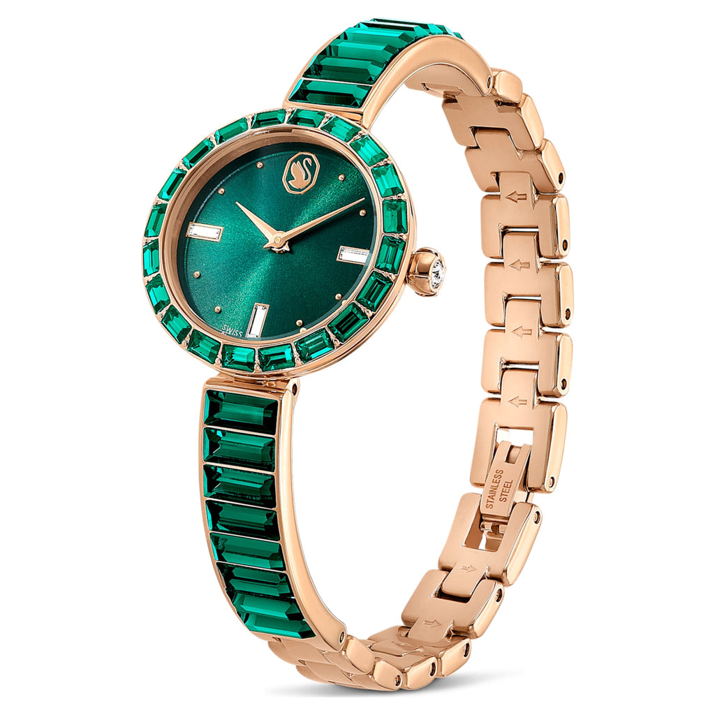 Swarovski Matrix bangle watch Swiss Made, Crystal bracelet, Green, Champagne gold-tone finish