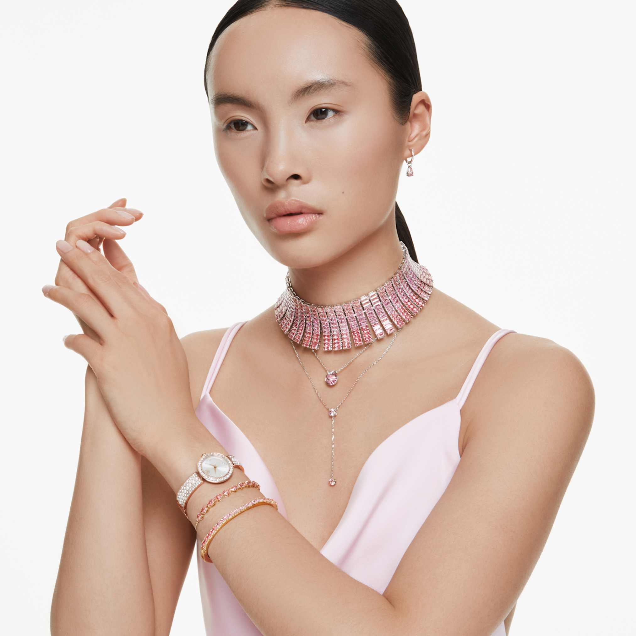 Swarovski Matrix bracelet Pear cut, Pink, 18K gold finish