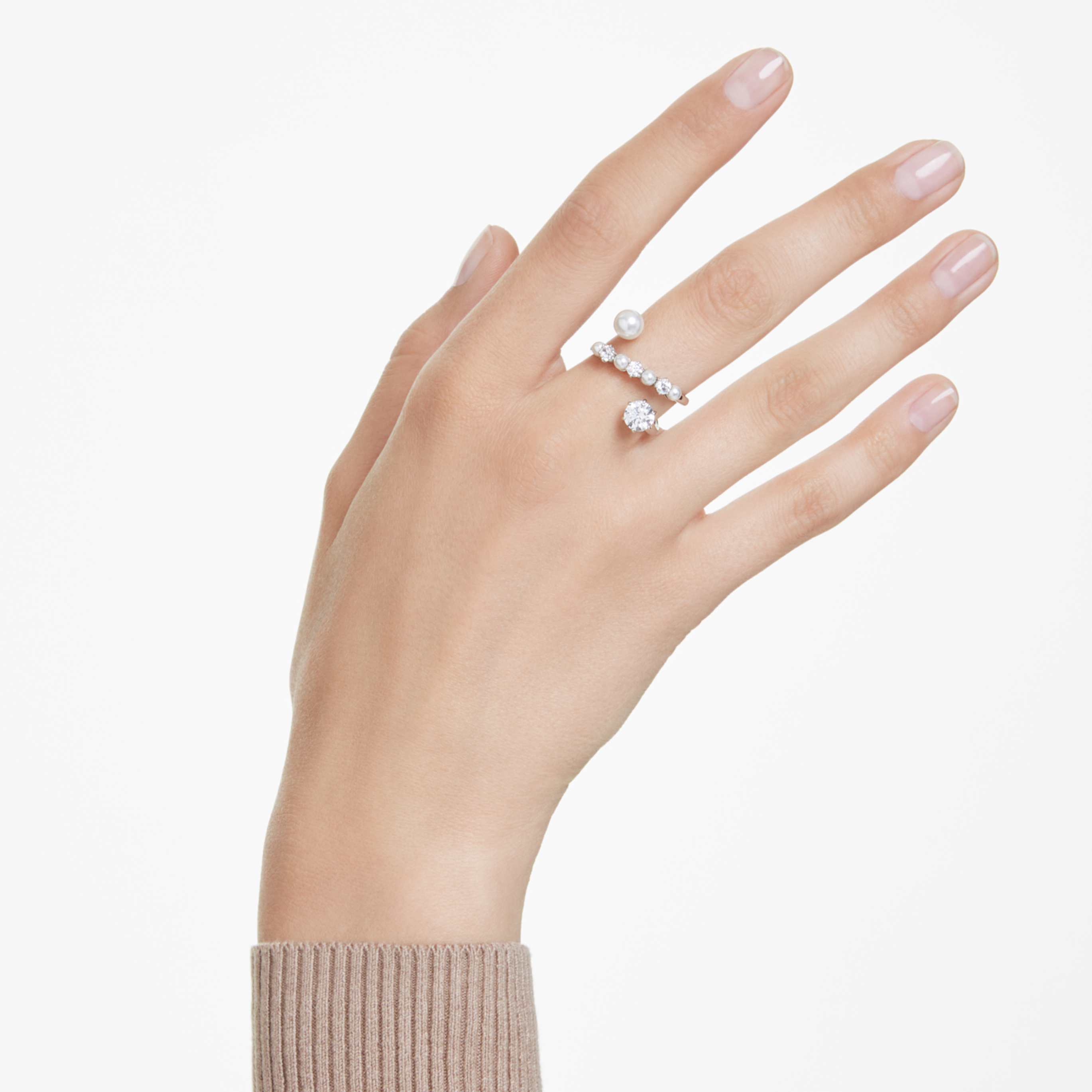 Swarovski Matrix cocktail ring Crystal pearl, Round cut, White, Rhodium plated