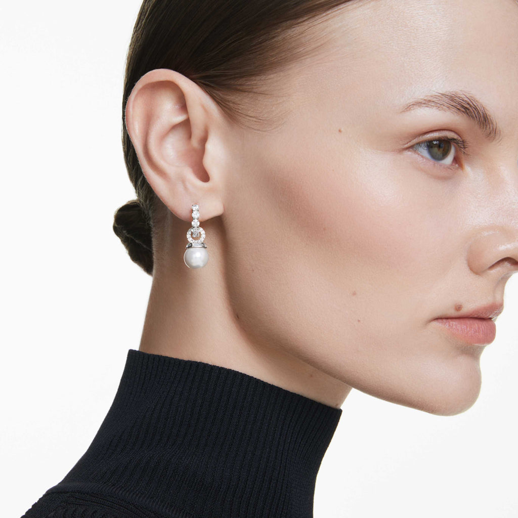 Swarovski Matrix drop earrings Crystal pearl, Round cut, White, Rhodium plated