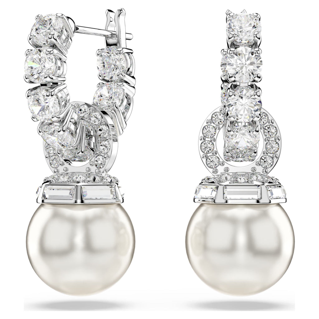 Swarovski Matrix drop earrings Crystal pearl, Round cut, White, Rhodium plated