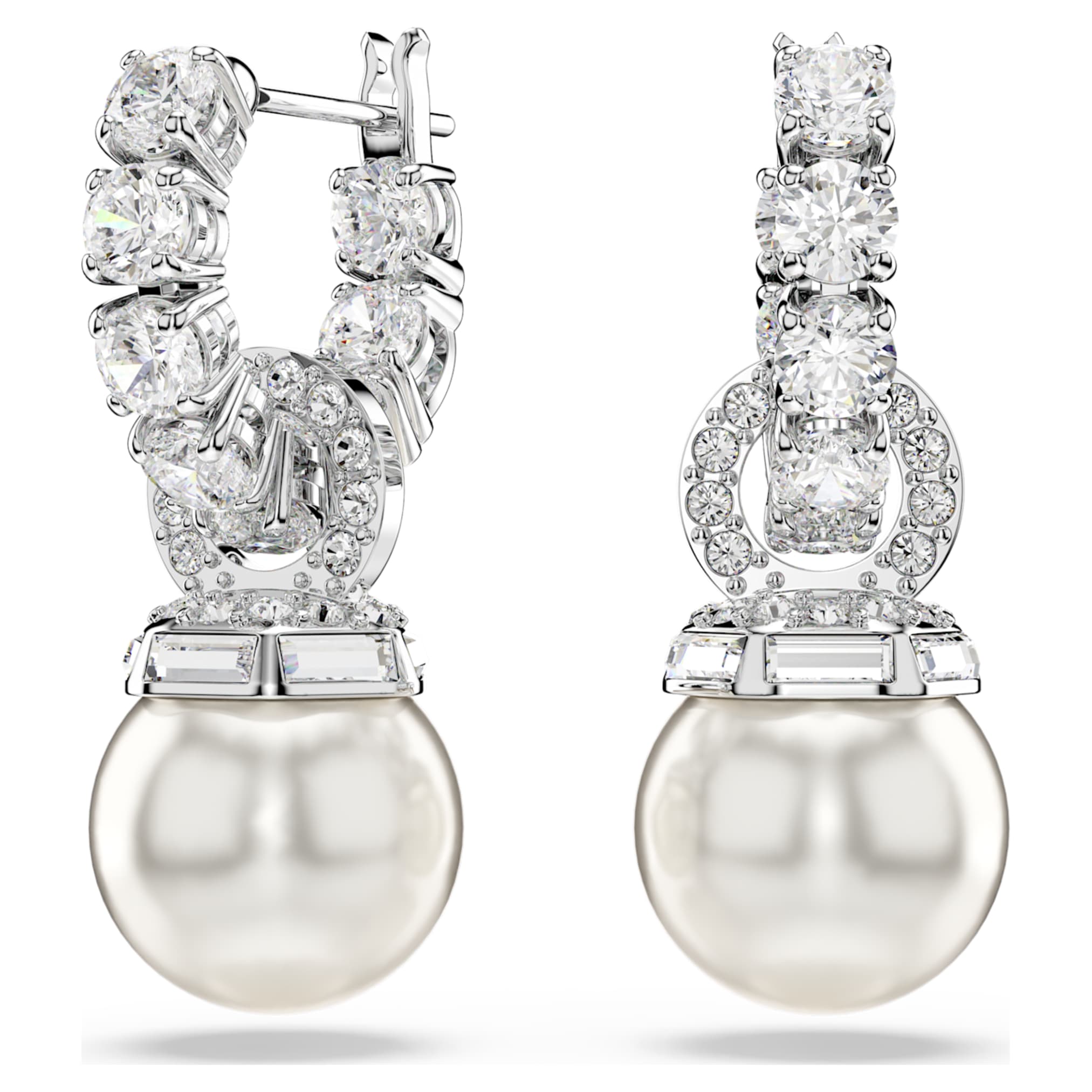 Swarovski Matrix drop earrings Crystal pearl, Round cut, White, Rhodium plated