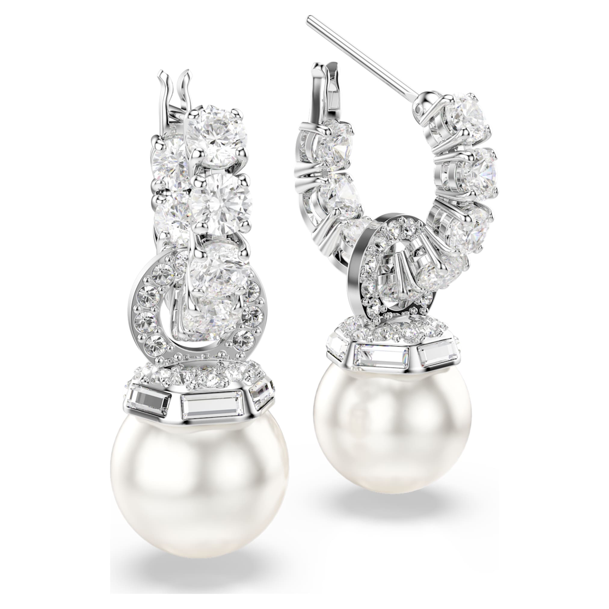 Swarovski Matrix drop earrings Crystal pearl, Round cut, White, Rhodium plated