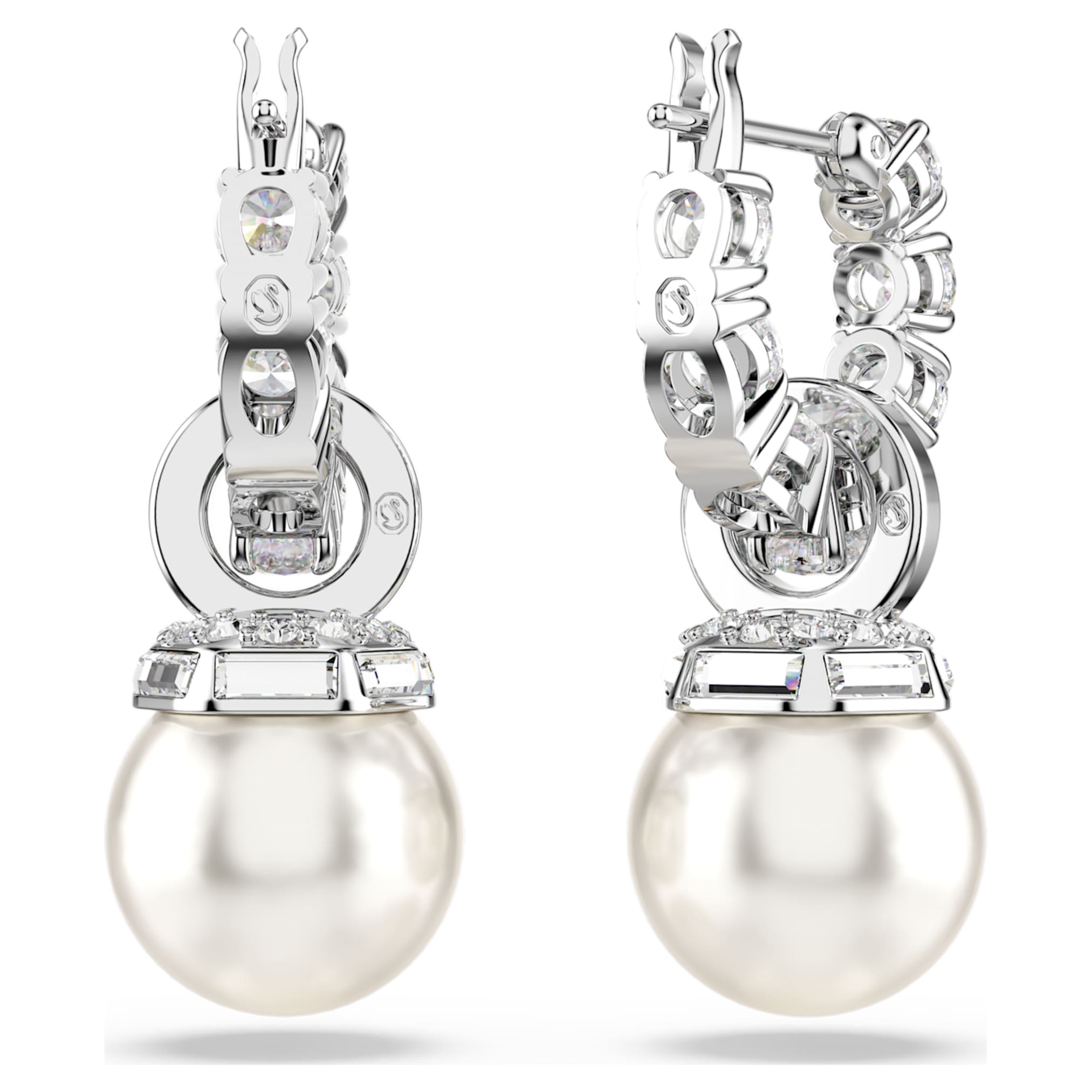 Swarovski Matrix drop earrings Crystal pearl, Round cut, White, Rhodium plated