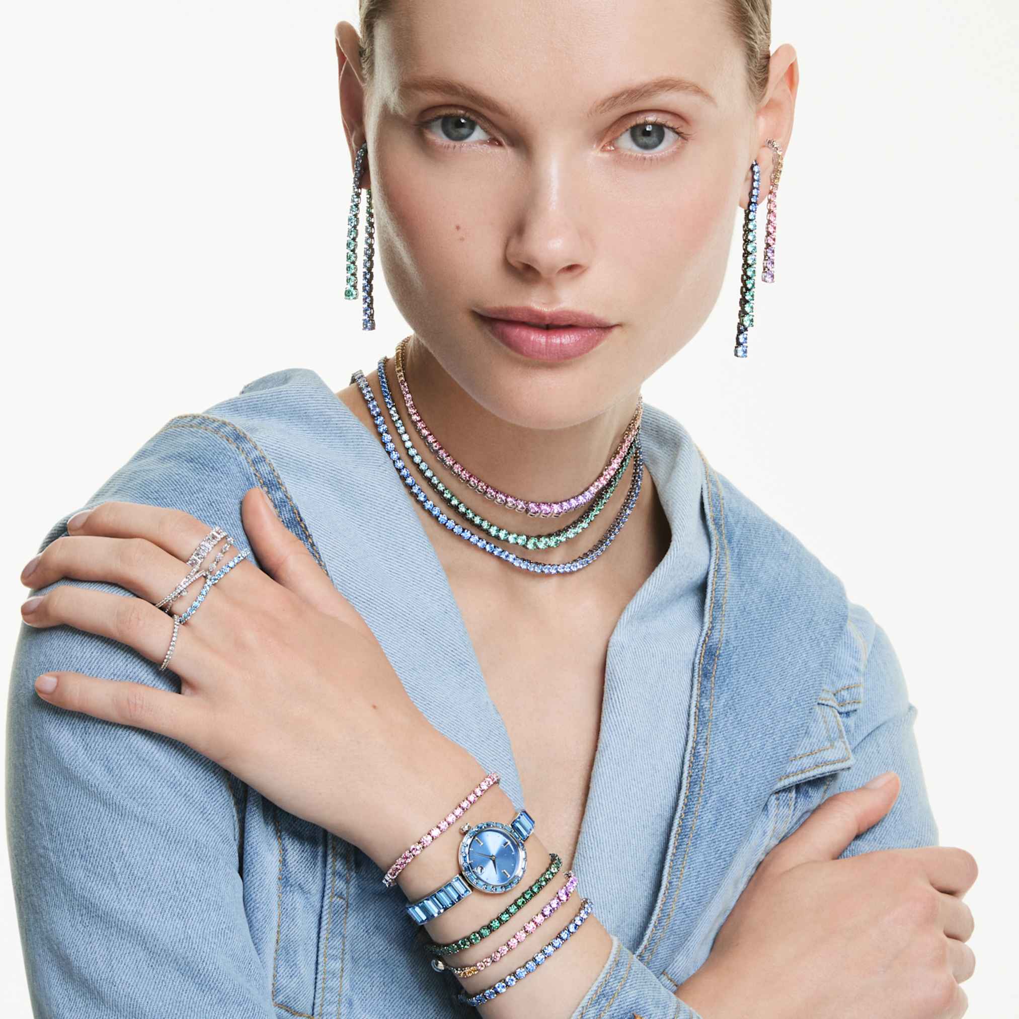 Swarovski Matrix drop earrings Gradient of round cuts, Multicolored, Rhodium plated