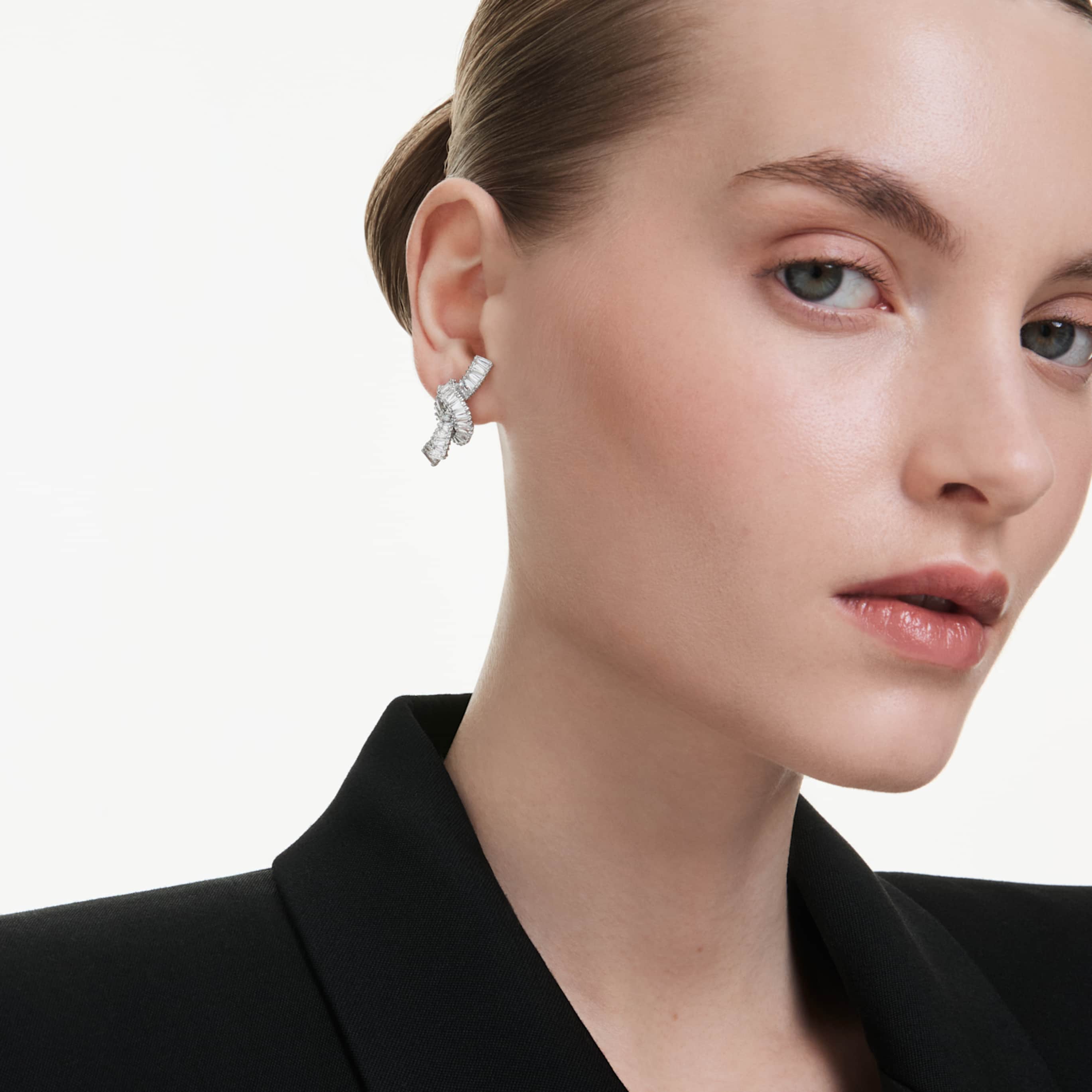 Swarovski Matrix earrings Baguette cut, Knot, White, Rhodium plated