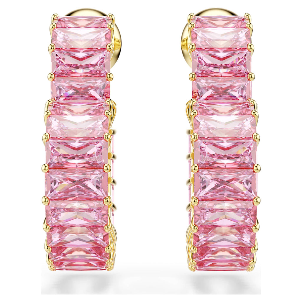 Swarovski Matrix hoop earrings Baguette cut, Heart, Small, Pink, 18K gold finish