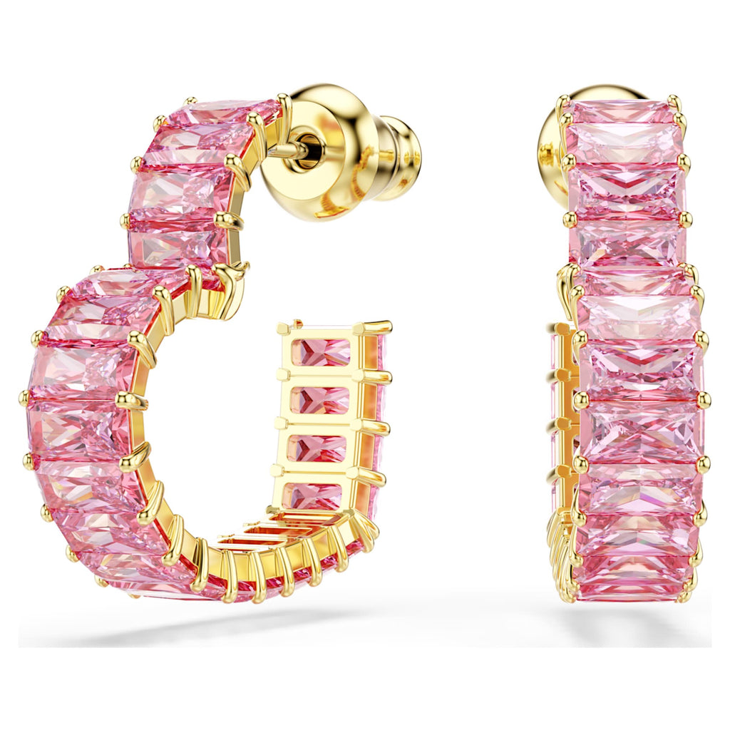 Swarovski Matrix hoop earrings Baguette cut, Heart, Small, Pink, 18K gold finish