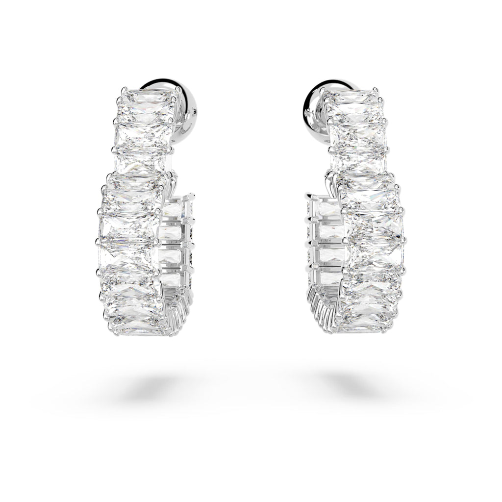 Swarovski Matrix hoop earrings Baguette cut, Heart, Small, White, Rhodium plated