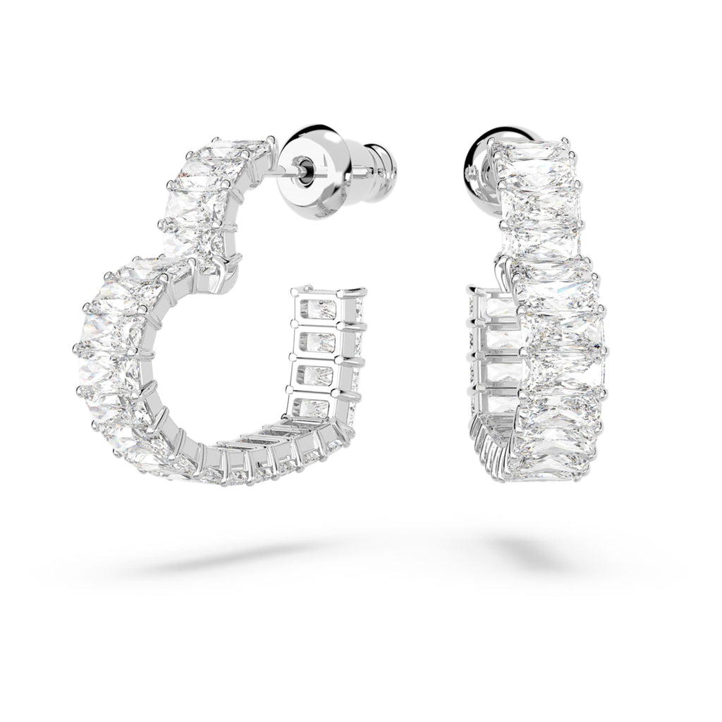 Swarovski Matrix hoop earrings Baguette cut, Heart, Small, White, Rhodium plated