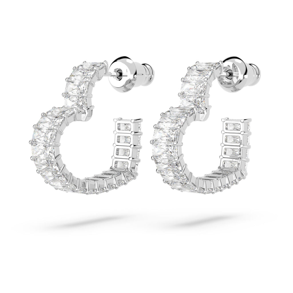 Swarovski Matrix hoop earrings Baguette cut, Heart, Small, White, Rhodium plated