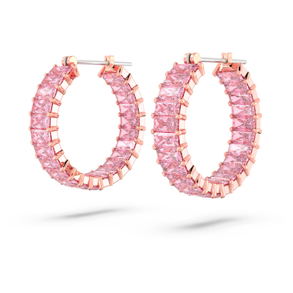 Swarovski Matrix hoop earrings Baguette cut, Pink, 18K rose gold finish